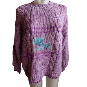 Vintage 80's Women's Wye Oaks Cable Knit Pink Sweater Floral Design Crew Neck